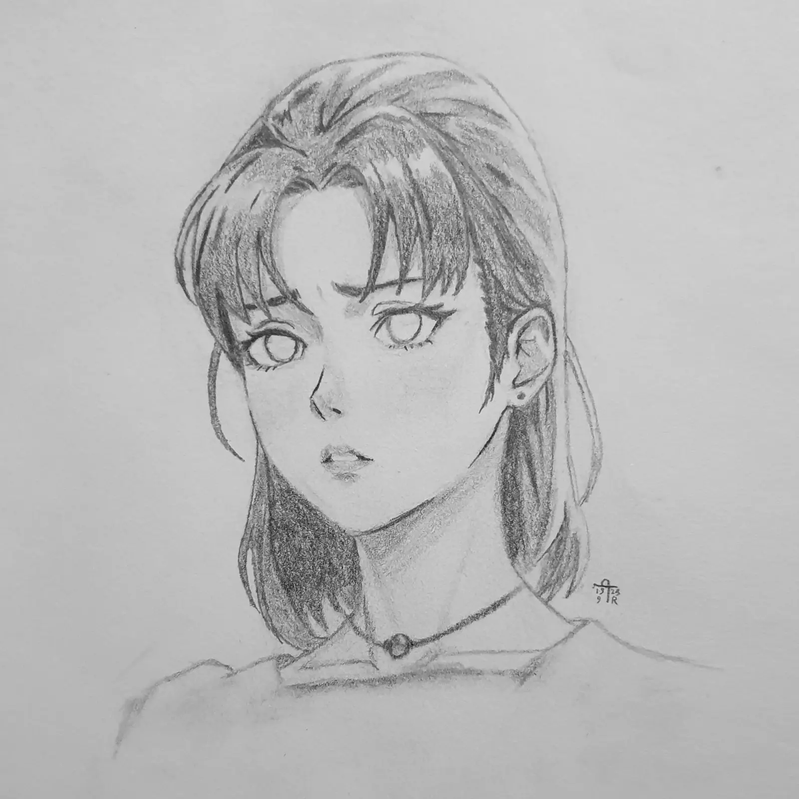 Anime-style portrait of a young woman wearing a beaded choker.