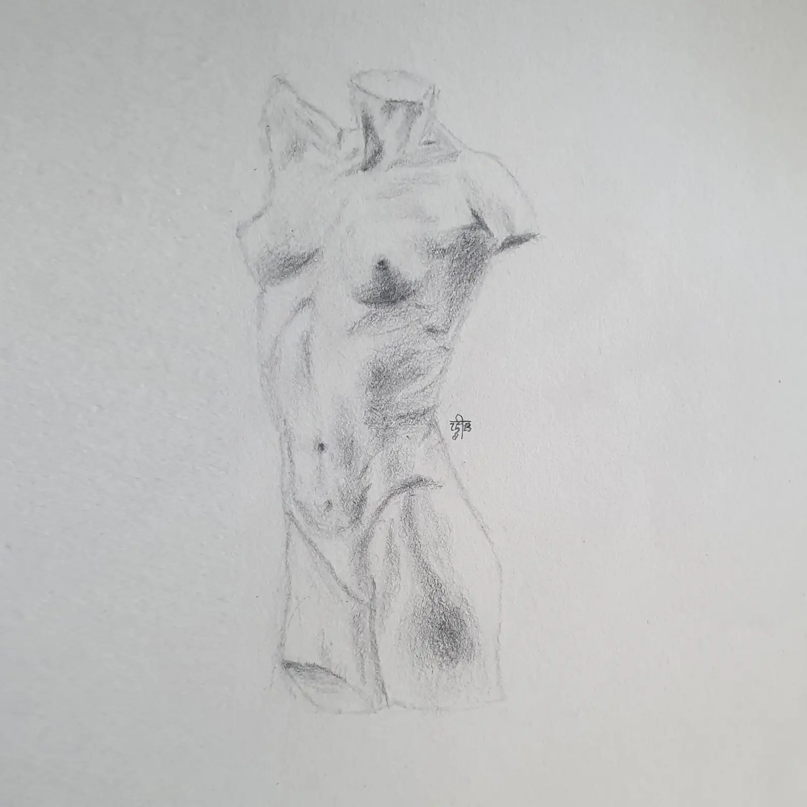 Figure study of a torso, drawn like weathered stone.