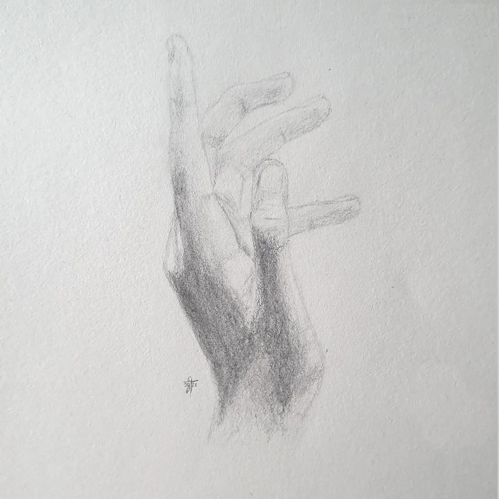 Study of an open hand, fingers spread, shaded from below.
