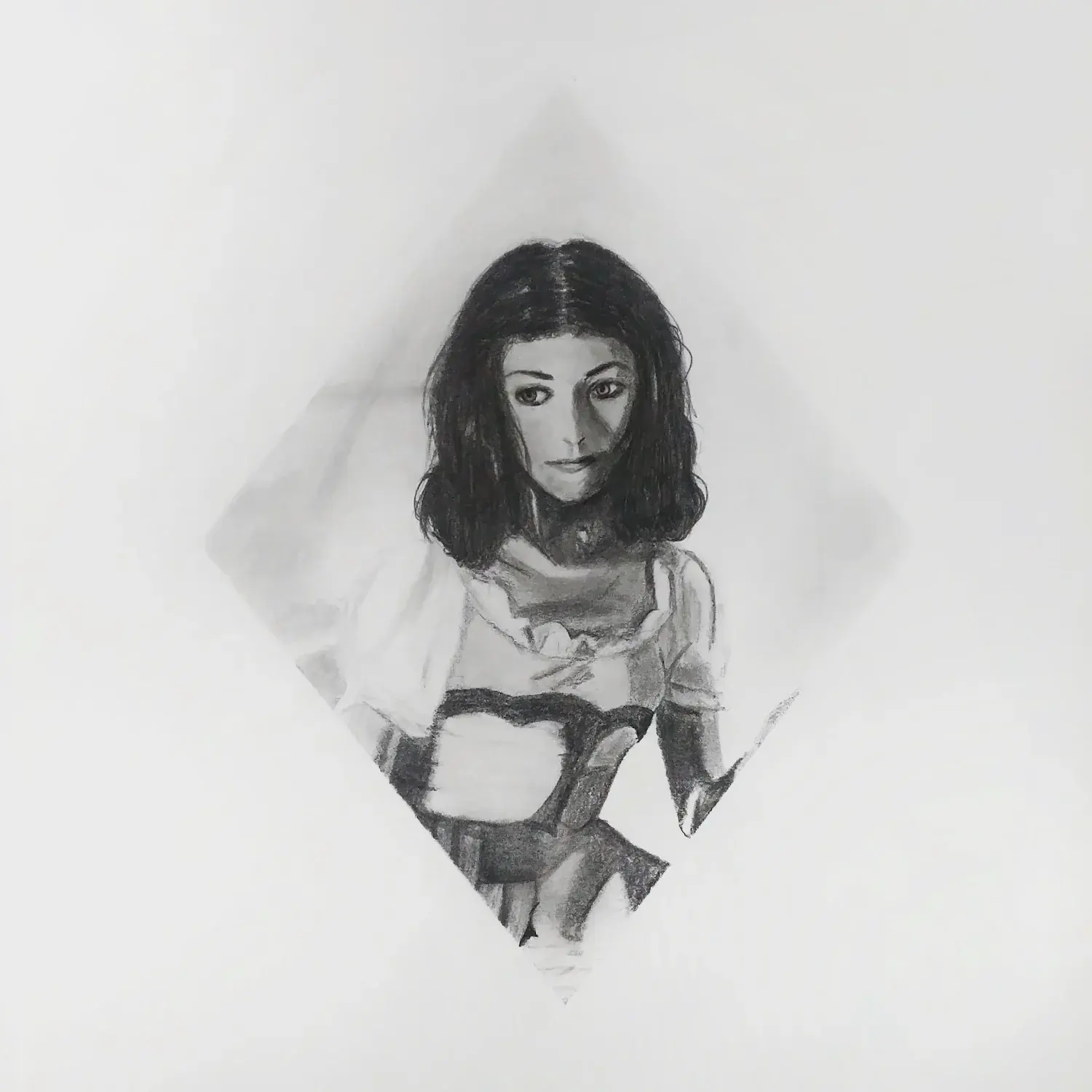 Portrait of a woman framed in a diamond of graphite.