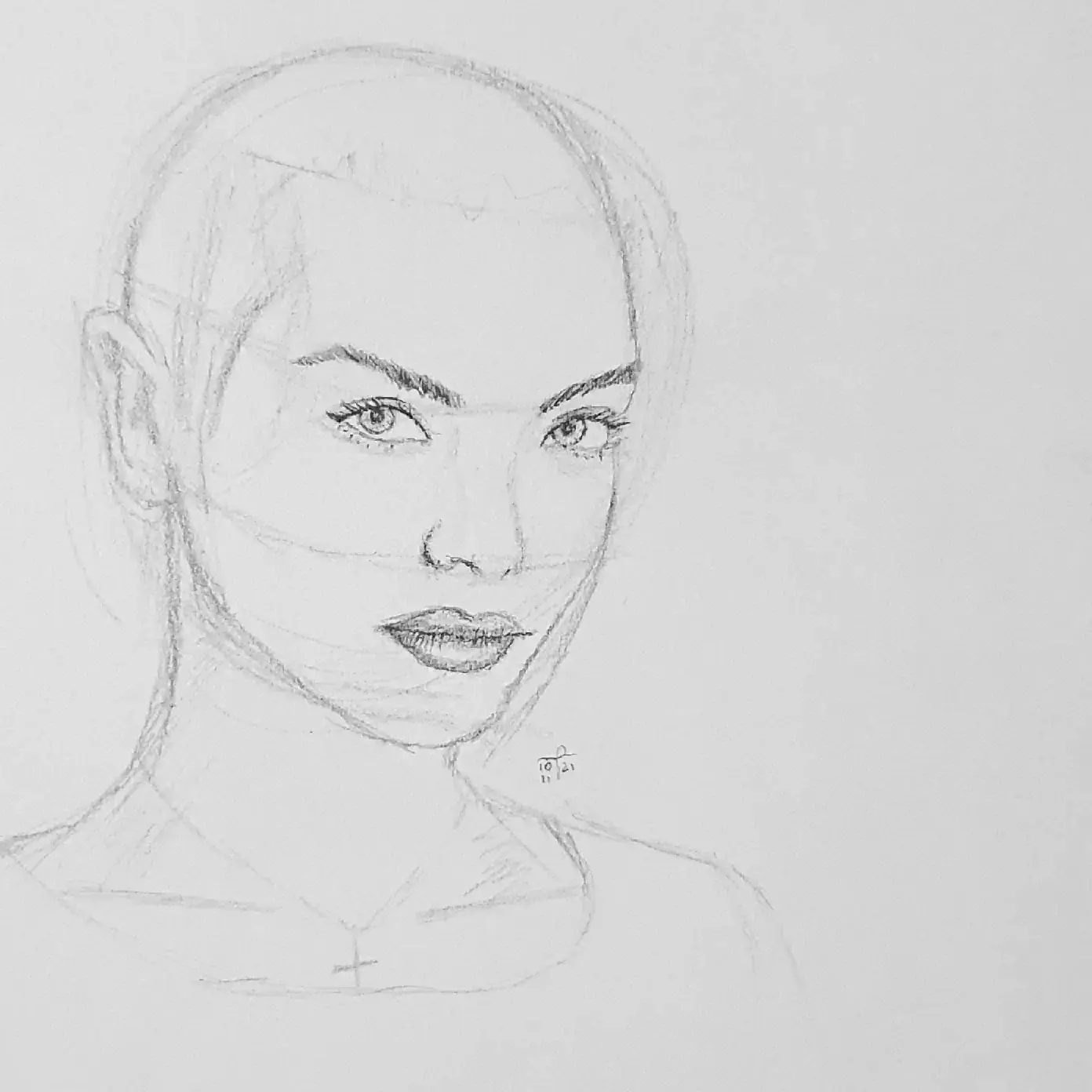 An in-progress portrait: construction lines, only the eyes and mouth resolved.