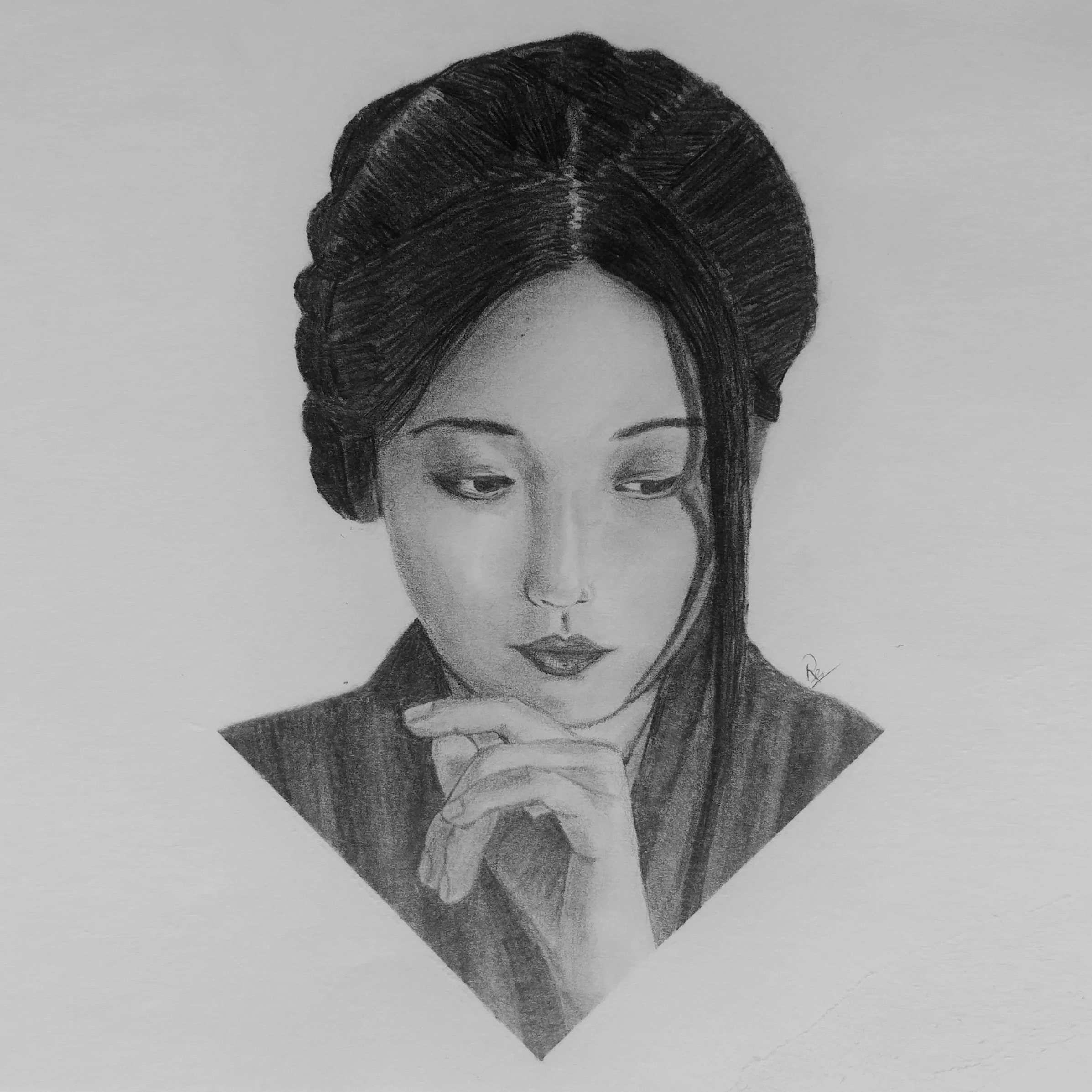 Portrait of a woman in a pensive pose, soft charcoal.